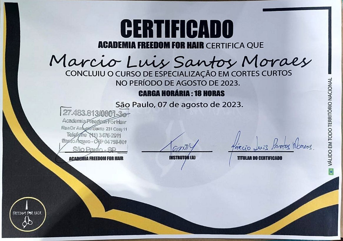Certificado de Especialização em Cortes Curtos, Academia Freedom for Hair